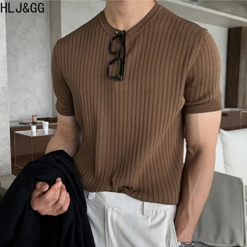HLJ&GG 2023 Vestuário masculino de Luxo de Malha Camisas Polo coreano Distribuído O Pescoço de Cor Sólida Manga Curta Tops para Homens Respirável M-2XL