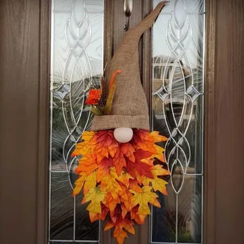1PCS Outono Coroa Gnome Chapéu de Folha de Bordo de Coroa de flores, Decoração de Natal Porta da Frente Ornamento de Suspensão Janela do Restaurante, a Decoração Home