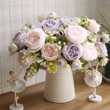 Flores artificiais para Decoração, 5 Pequenas Rosas, Vermelho Esmaltadas, persa Peônia, Falso Flor de Plantas para Jardim de Casa, Buquê de Casamento