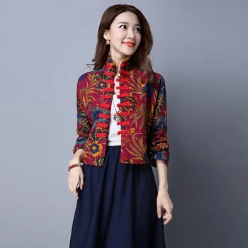 2023 Novas Mulheres Floral Vermelha Camisa Vintage Blusa Tradicional Chinesa Tang Roupas Orientais Tops Retro Colarinho De Mandarim Casaco