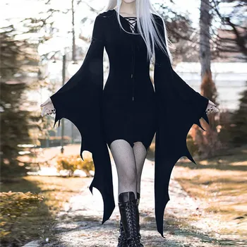 Nova Retro Gótico De Cintura Alta Preto Vestido Vintage Estética Manga Morcego Mini Vestidos Goth Elegante Curativo Vestido De Festa As Mulheres Roupas