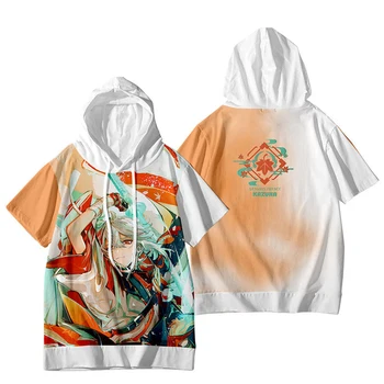2023 Genshin Impacto Kaedehara Kazuha Cosplay Traje T-shirt, Calções de Quimono com Capuz Manga Curta Haori Manto de Streetwear Harajuku