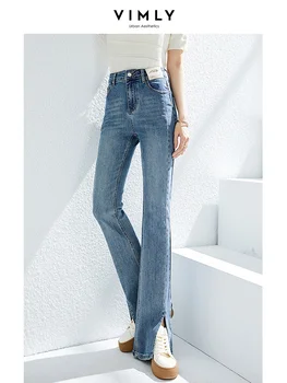 Vimly Macio Fenda de Cintura Alta Jeans Boot Cut para as Mulheres 2023 Alta Moda de Rua de Comprimento Total Azul de Algodão, Calça Jeans Feminina Calças
