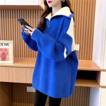 O coreano Casual Soltas de Vestuário exterior de Malha Camisola para Mulheres de Outono Inverno 2023 Contraste de Cores de Meia Gola Alta com Zíper 