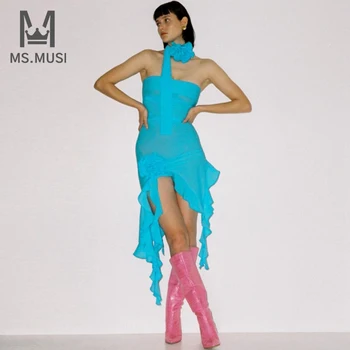 MSMUSI 2023 Novo Designer de Moda as Mulheres Sexy Floral com Babados de Renda de Malha sem Mangas Drapeadas sem encosto Bodycon Parte do Clube de Vestido Midi