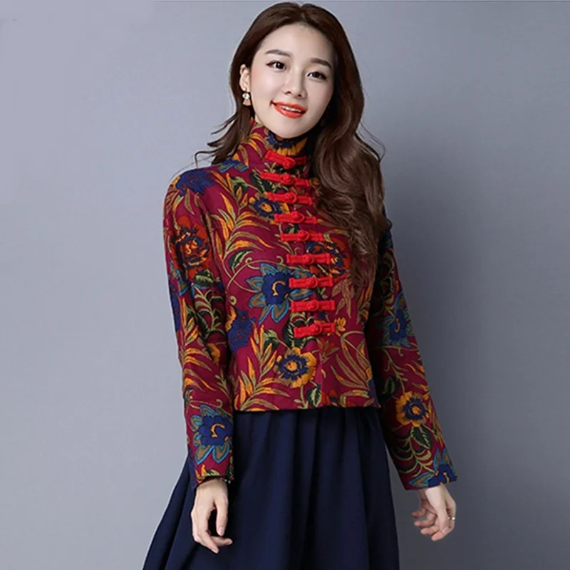 2023 Novas Mulheres Floral Vermelha Camisa Vintage Blusa Tradicional Chinesa Tang Roupas Orientais Tops Retro Colarinho De Mandarim Casaco - 1
