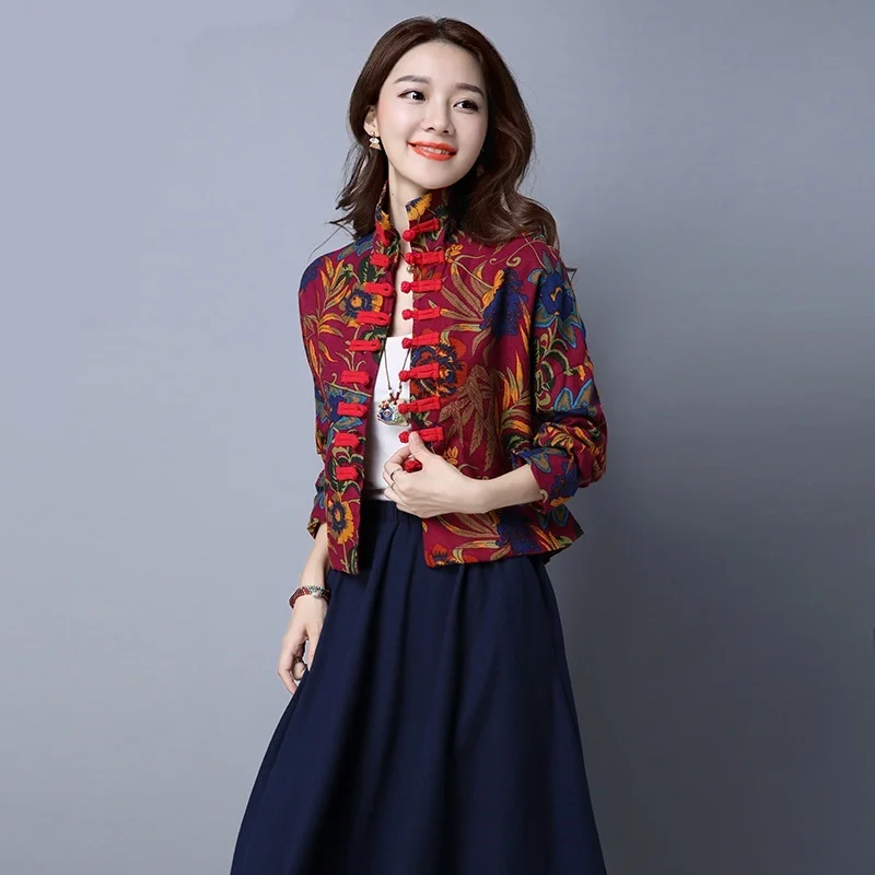 2023 Novas Mulheres Floral Vermelha Camisa Vintage Blusa Tradicional Chinesa Tang Roupas Orientais Tops Retro Colarinho De Mandarim Casaco - 3
