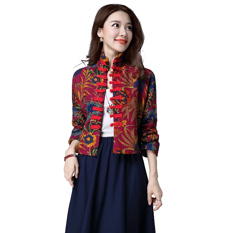 2023 Novas Mulheres Floral Vermelha Camisa Vintage Blusa Tradicional Chinesa Tang Roupas Orientais Tops Retro Colarinho De Mandarim Casaco - 5