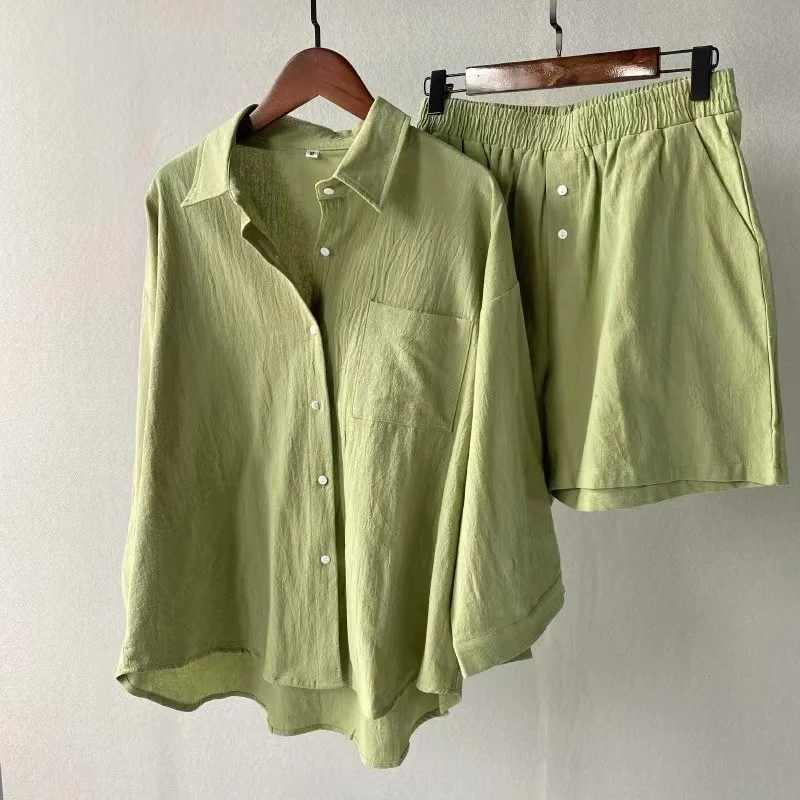 Grande 2023 Verão, Roupa de cama de Algodão Camisa Solta Calças para as Mulheres - 0