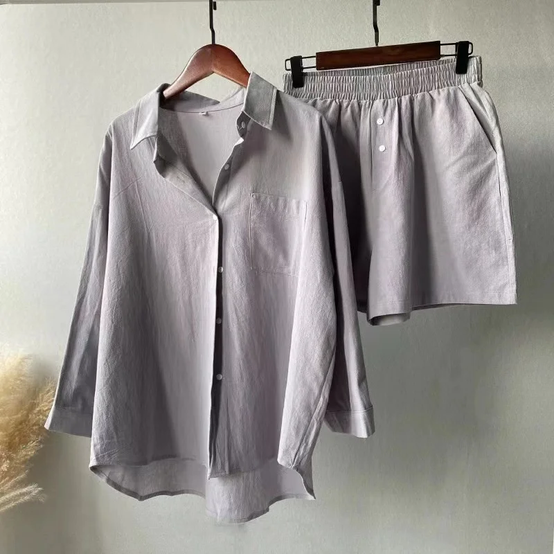 Grande 2023 Verão, Roupa de cama de Algodão Camisa Solta Calças para as Mulheres - 3