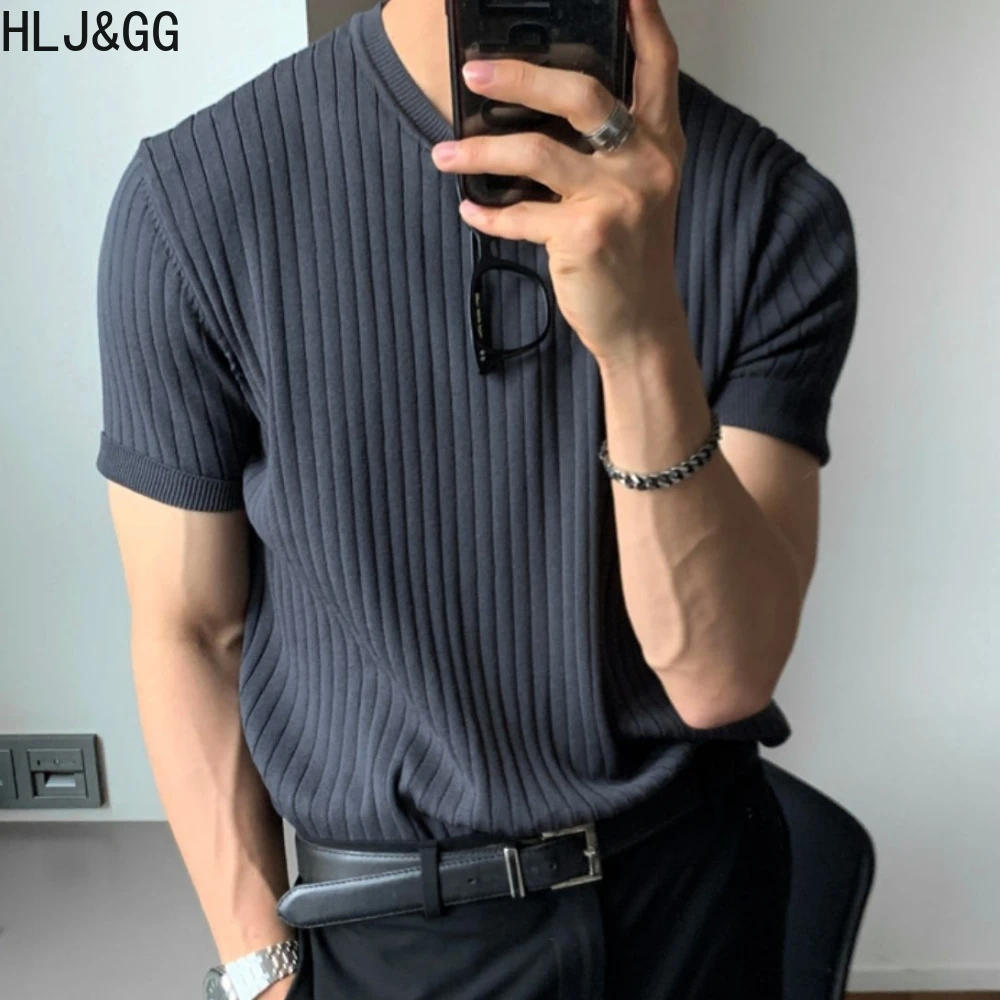 HLJ&GG 2023 Vestuário masculino de Luxo de Malha Camisas Polo coreano Distribuído O Pescoço de Cor Sólida Manga Curta Tops para Homens Respirável M-2XL - 2