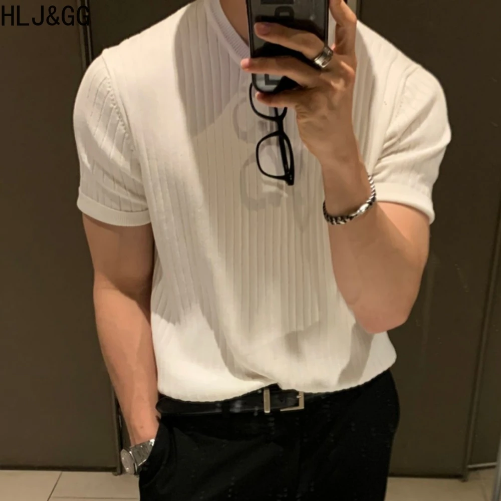 HLJ&GG 2023 Vestuário masculino de Luxo de Malha Camisas Polo coreano Distribuído O Pescoço de Cor Sólida Manga Curta Tops para Homens Respirável M-2XL - 3