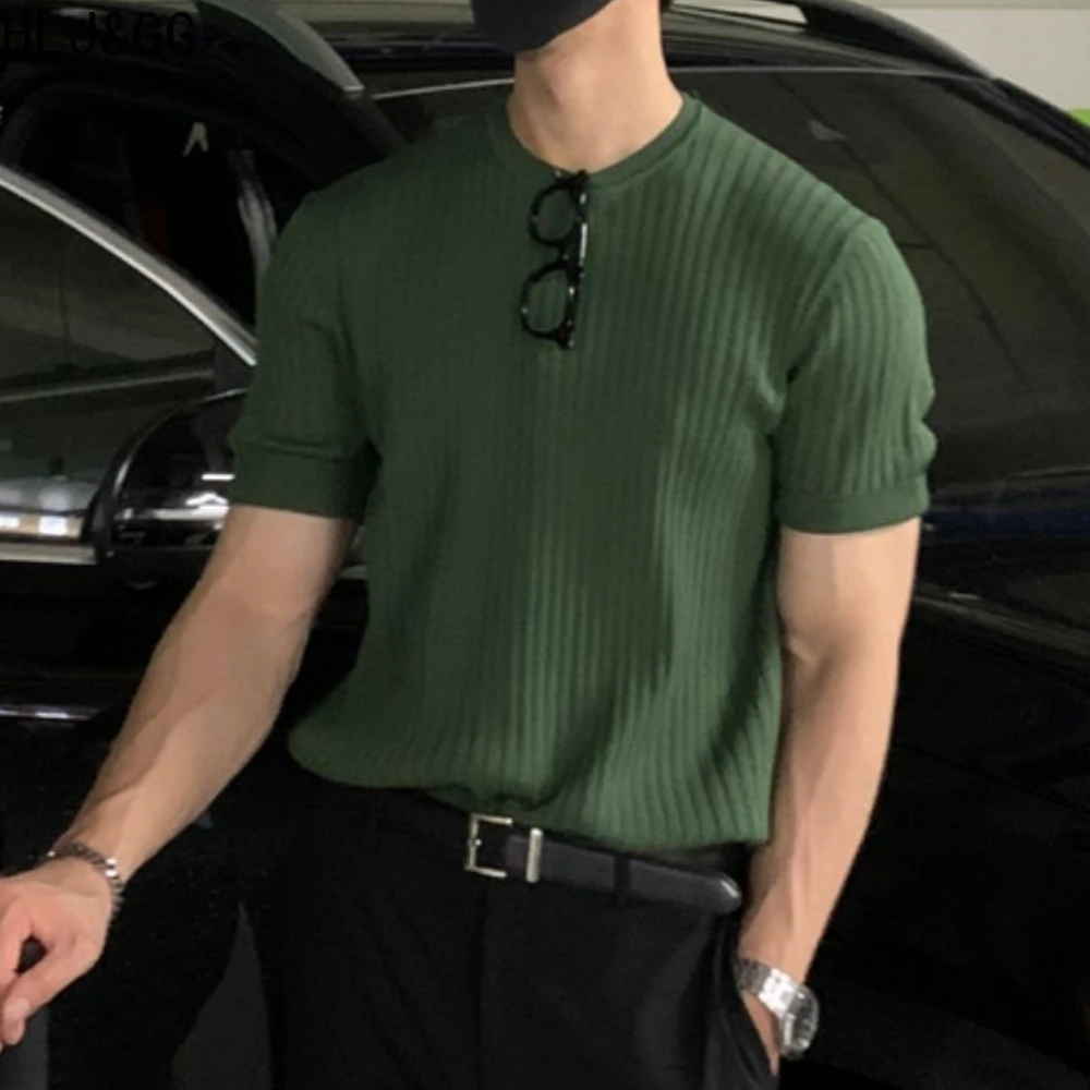 HLJ&GG 2023 Vestuário masculino de Luxo de Malha Camisas Polo coreano Distribuído O Pescoço de Cor Sólida Manga Curta Tops para Homens Respirável M-2XL - 4