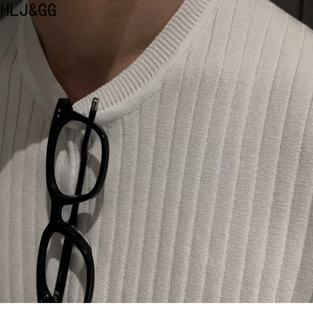 HLJ&GG 2023 Vestuário masculino de Luxo de Malha Camisas Polo coreano Distribuído O Pescoço de Cor Sólida Manga Curta Tops para Homens Respirável M-2XL - 5